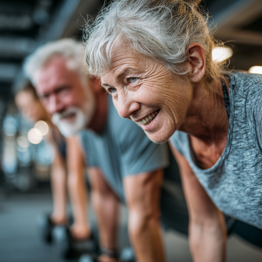 Група літніх людей займається фітнесом у спортзалі